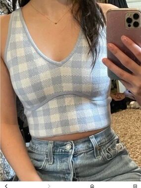 The Nines Light Blue White Checkered V-Neck Crop Tank Top knit vest small NWOT